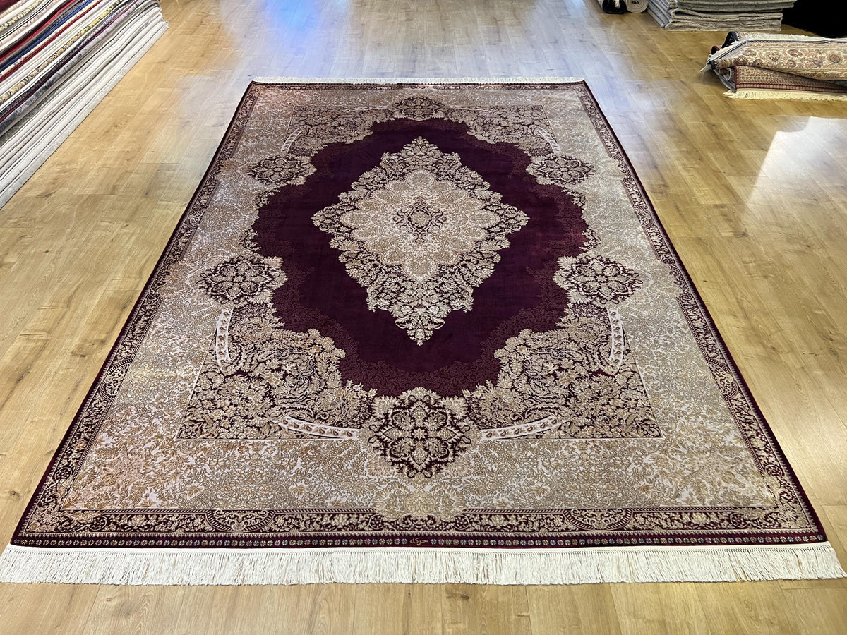 7x10 ft Red Silk Rug with Gold Medallion – Classic Turkish Style Luxury Carpet