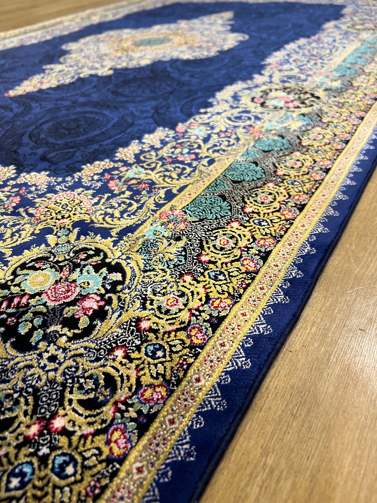 Navy Blue Silk Rug with Gold Floral Patterns, 4x6 ft, Classic Medallion Area Rug