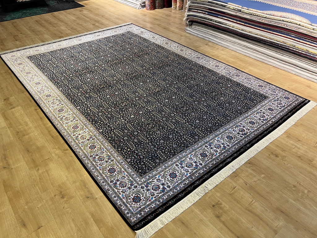 Black Modal Silk Rug 8x11 ft, Traditional Turkish Palace Design