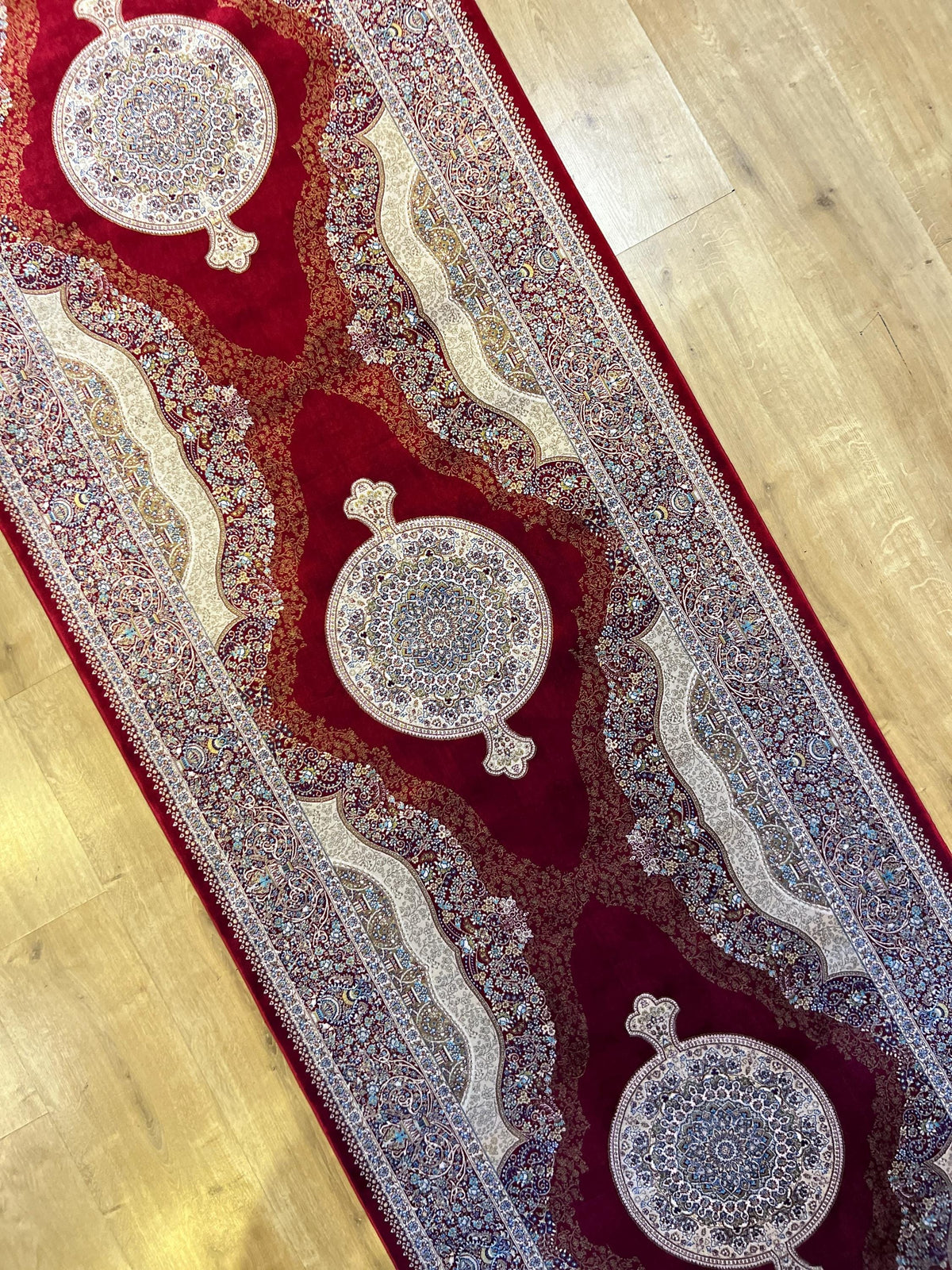 Red Medallion Silk Turkish Rug, Floral Pattern 3x10 ft Runner