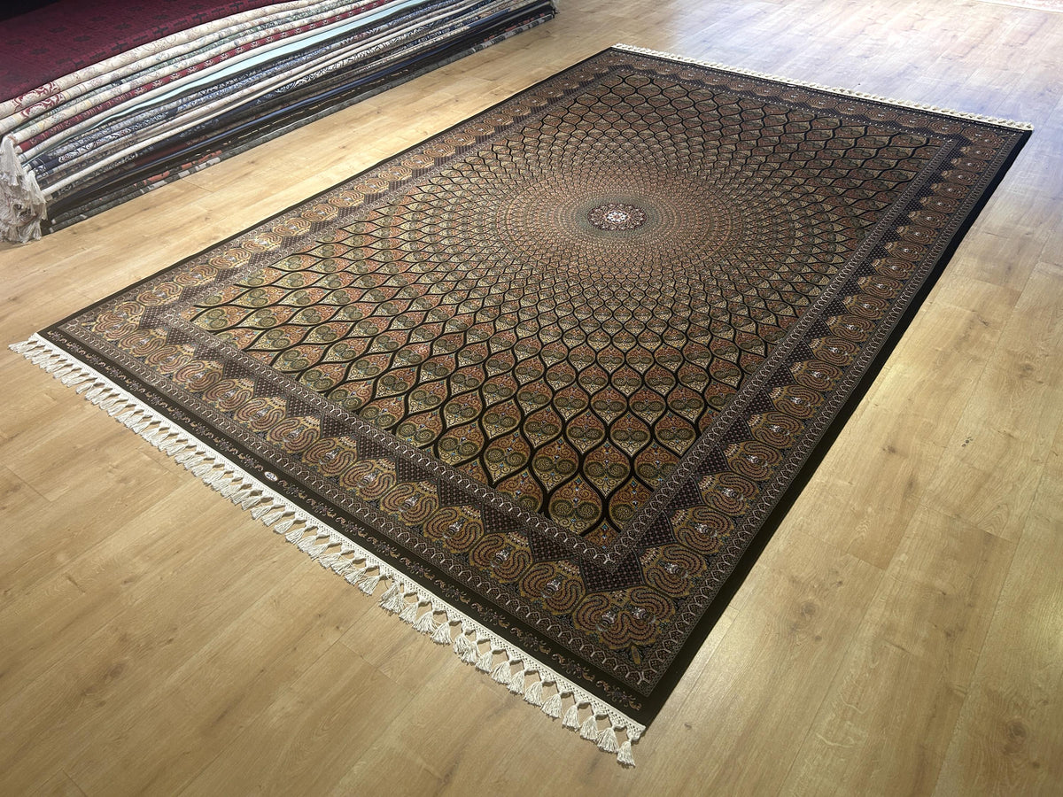 Gold Black Silk Rug, Medallion Peacock Tail Design Rug, Traditional Pattern Carpet