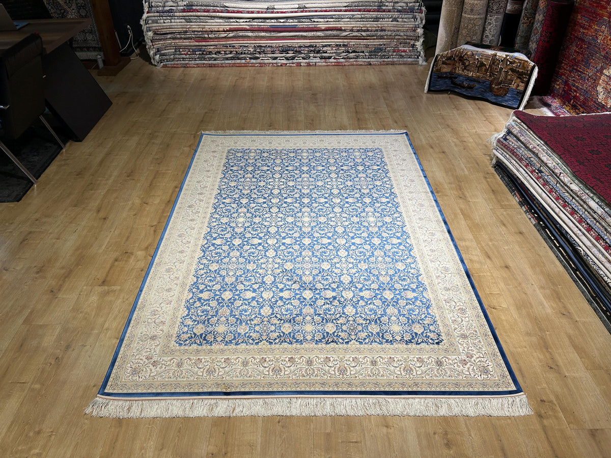 Blue Silk Rug, Classic Silk Carpet with Floral Pattern