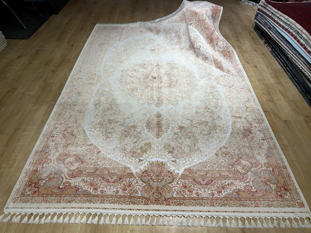 7x10 Ivory Silk Rug, Green Gold Floral Silk Carpet, Classic Medallion Design