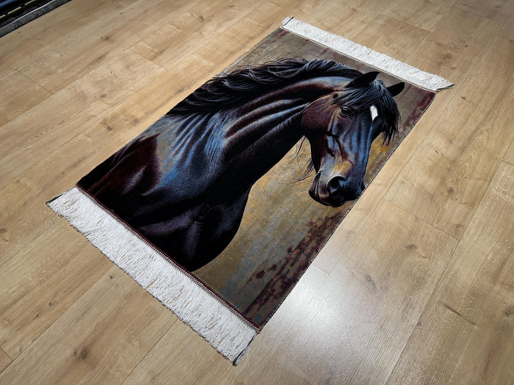 Horse Portrait Tapestry, Black Horse Silk Rug, Woven Wall Hanging, Rustic Home Decor