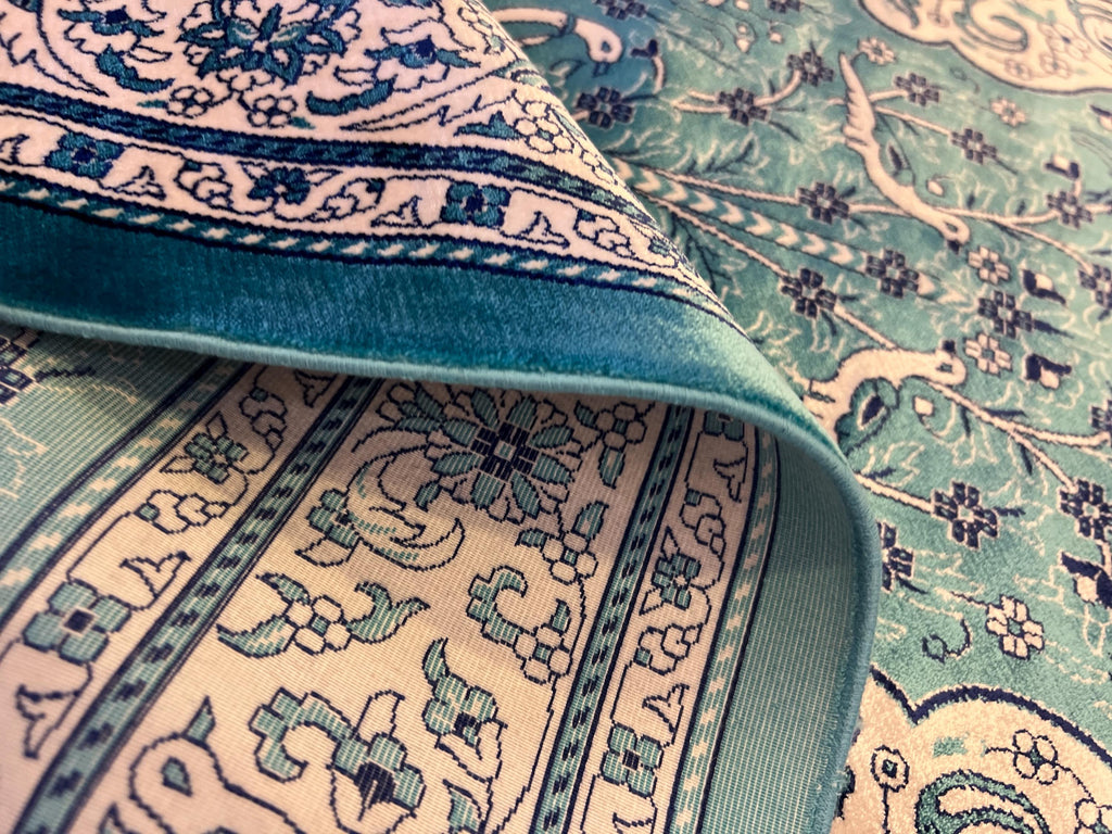 Blue Silk Muslim Prayer Rug, Janamaz Mat, Prayer Gift 2.62X4.10 ft