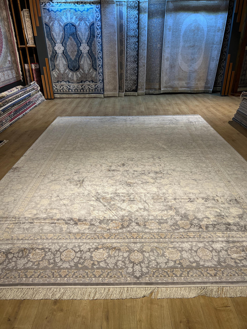 10x13 ft Gray Classic Silk Rug with Beige Floral Motifs, Big Silk Carpet