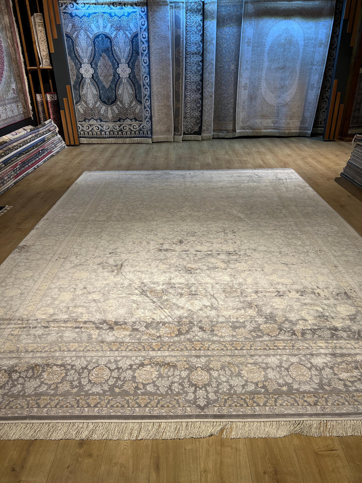 10x13 ft Gray Classic Silk Rug with Beige Floral Motifs, Big Silk Carpet