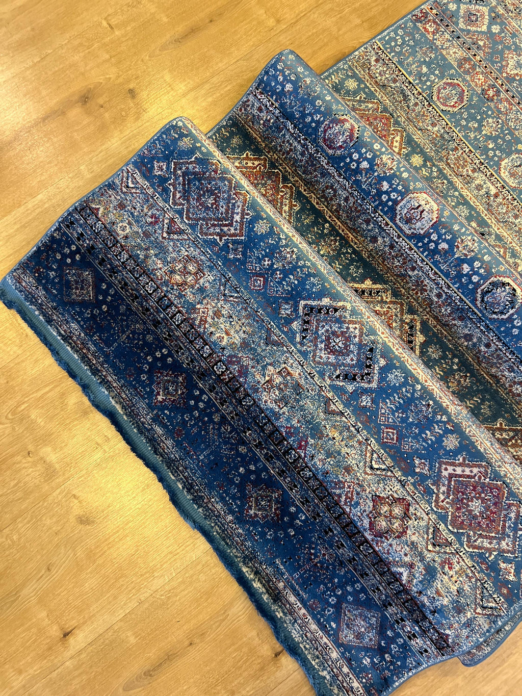 Blue Ethnic Pattern Bamboo Runner Rug, 3x10 ft, Modern Hallway Rug