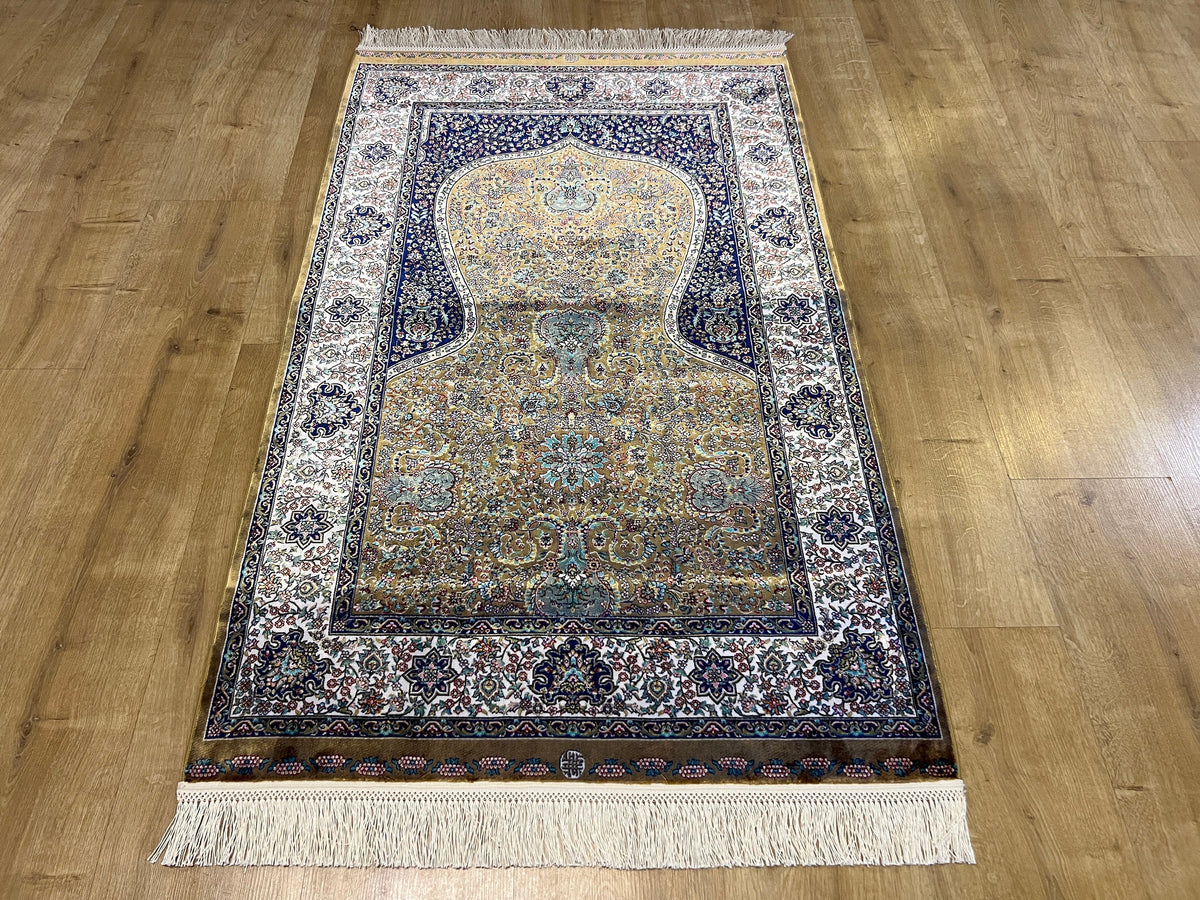 Gold Blue Silk Prayer Rug, Janamaz Mat, Muslim Gift Mat (2.62 X 4.10)