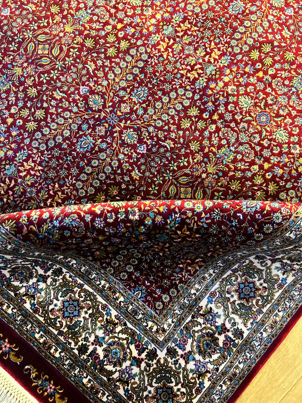 Red Silk Rug, 4x6 Ft, Floral Framed Design, Classic Luxury Area Rug