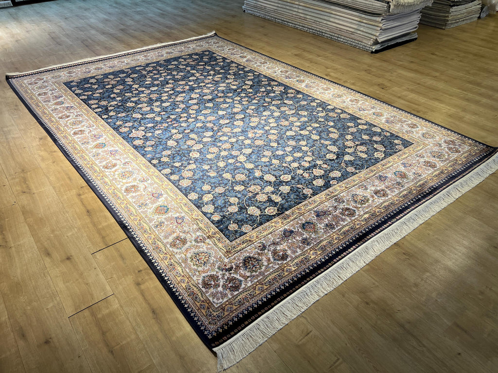 8x11 ft Blue Silk Bamboo Rug with Ivory Border and Gold Pattern, Classic Design