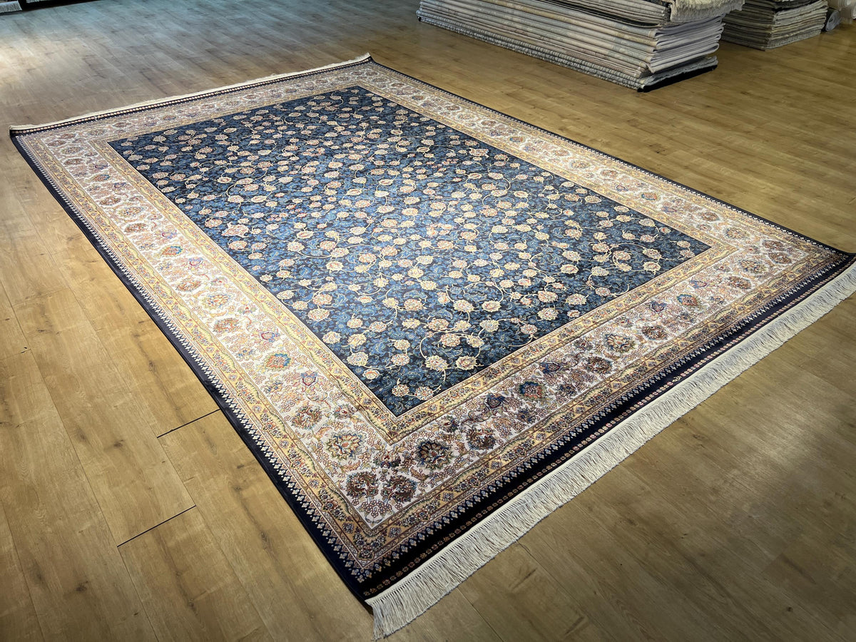 8x11 ft Blue Silk Bamboo Rug with Ivory Border and Gold Pattern, Classic Design
