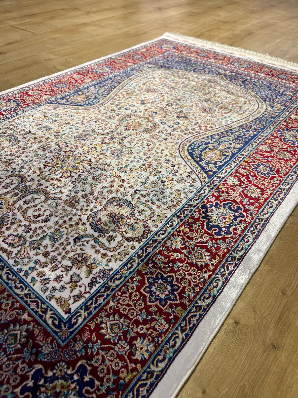 Silk Prayer Rug, Red Blue Muslim Gift Mat, Janamaz Rug 2.62x4.10 ft