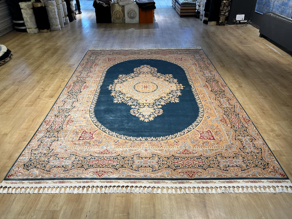 Blue Beige Silk Palace Rug, Traditional Turkish Carpet 8x11