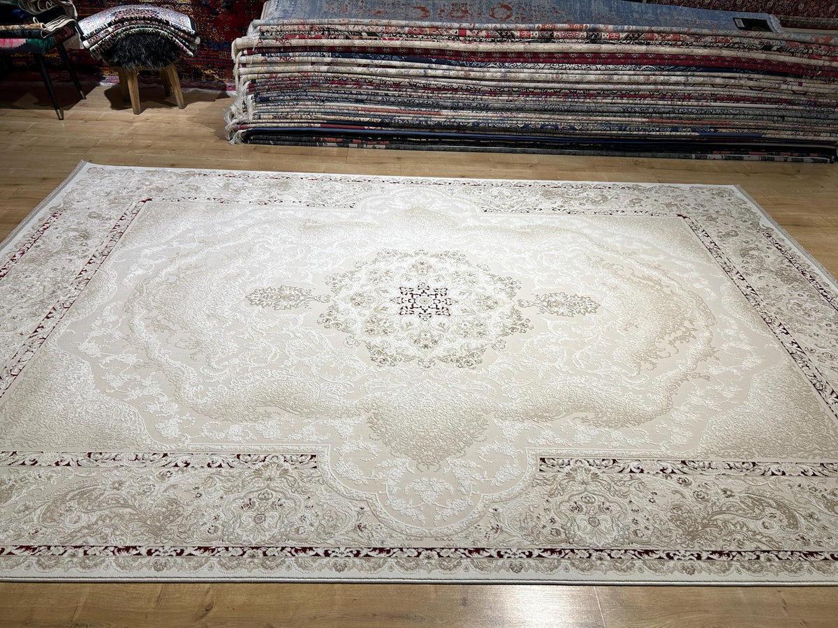 Beige Red Bamboo Rug, Classic Medallion Bamboo Carpet, Turkish Style Home Decor