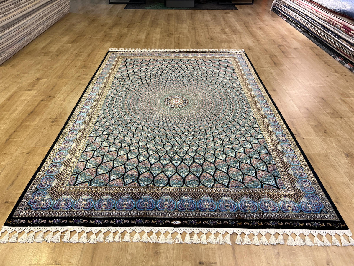 7x10 ft Blue Black Silk Rug, Peacock Tail Pattern Medallion Design Rug, Traditional Carpet