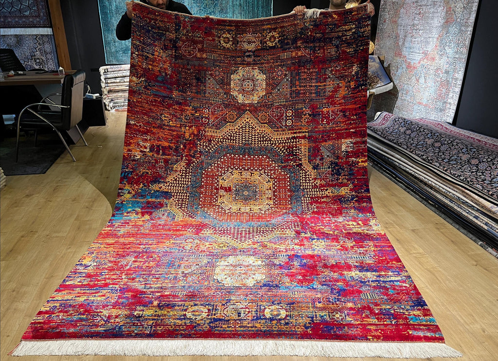7x10 Ft Red Blue Colourful Silk Rug, Luxury Medallion Design, Traditional Pattern