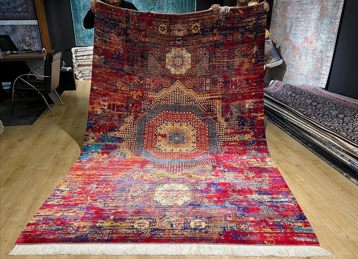 7x10 Ft Red Blue Colourful Silk Rug, Luxury Medallion Design, Traditional Pattern