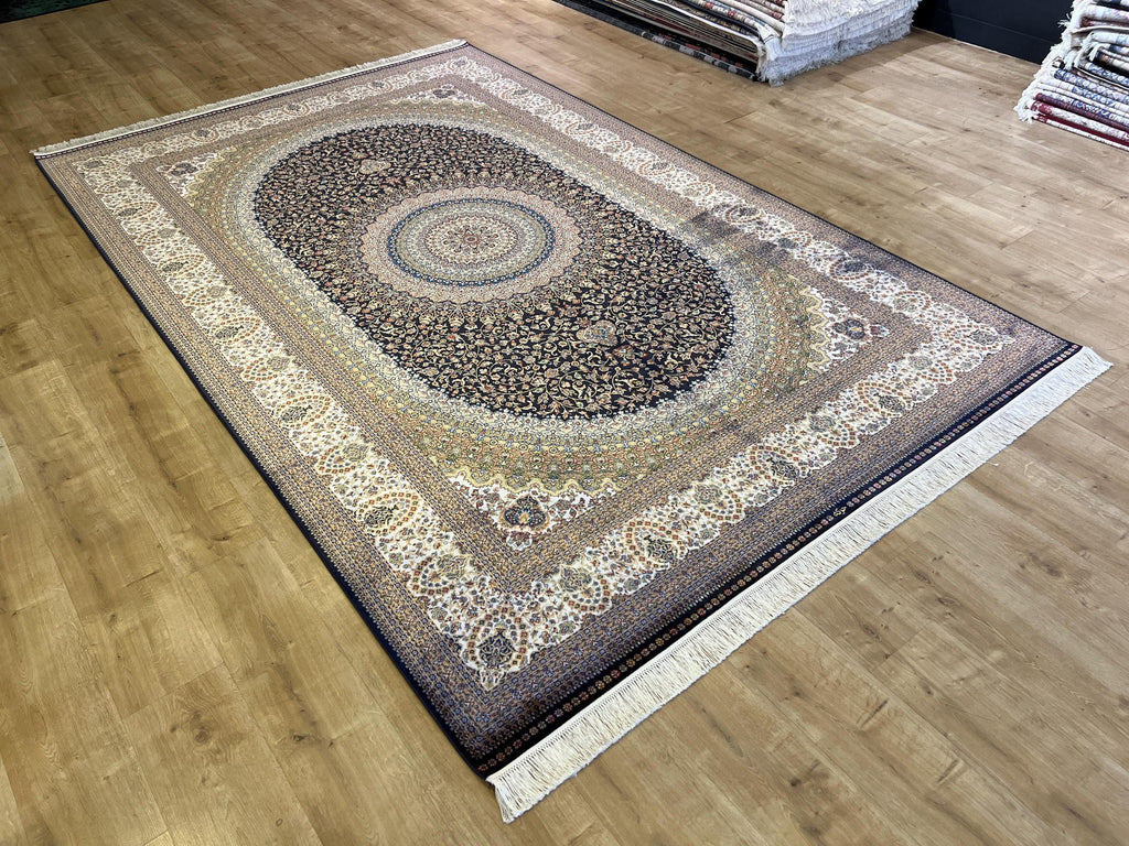 Dark Blue Silk Turkish Rug, 7x10 ft, Medallion Rug, Living Room Carpet