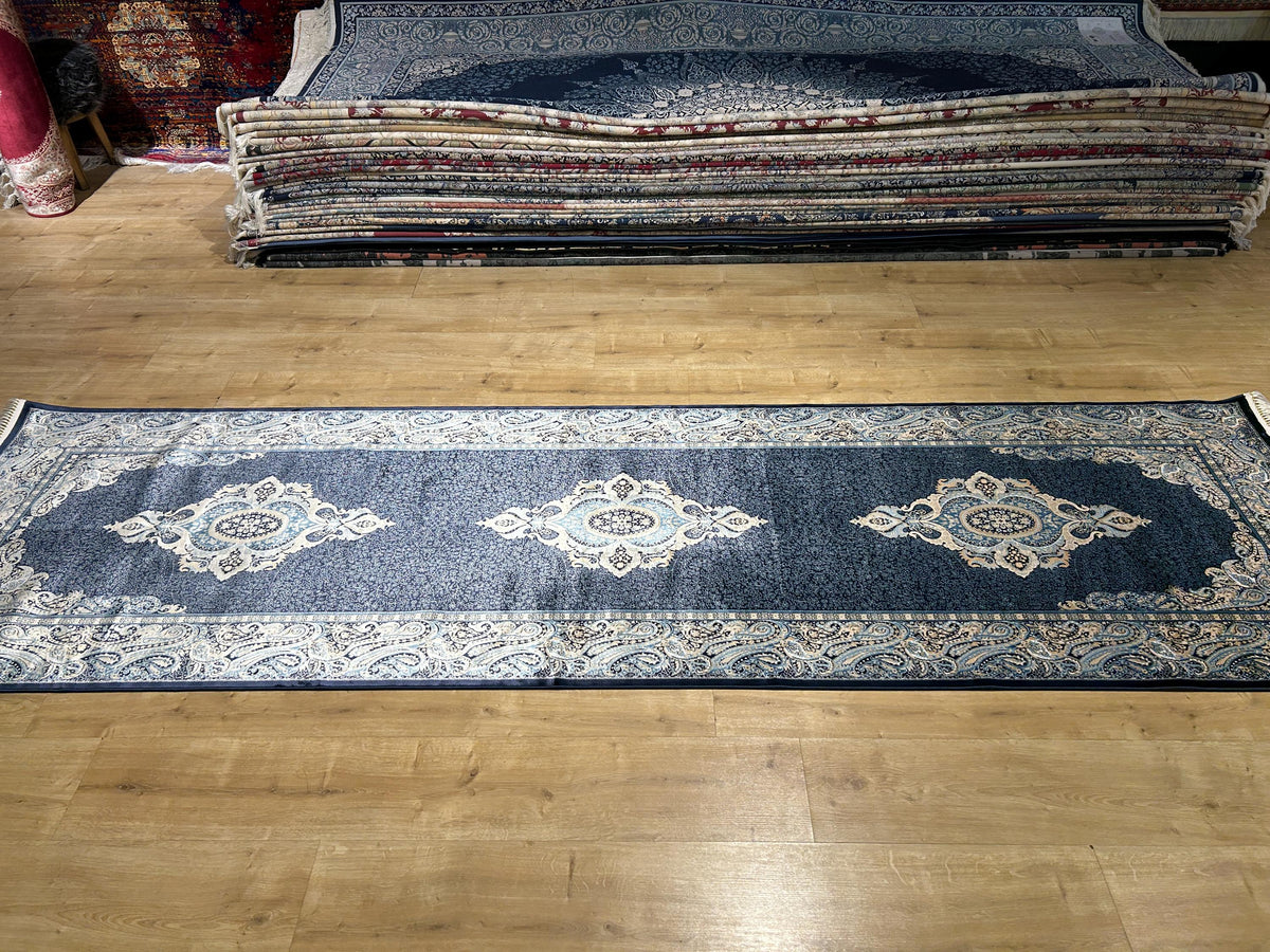 Blue Medallion Turkish Silk Runner Rug, Classic Luxury Hallway Rug