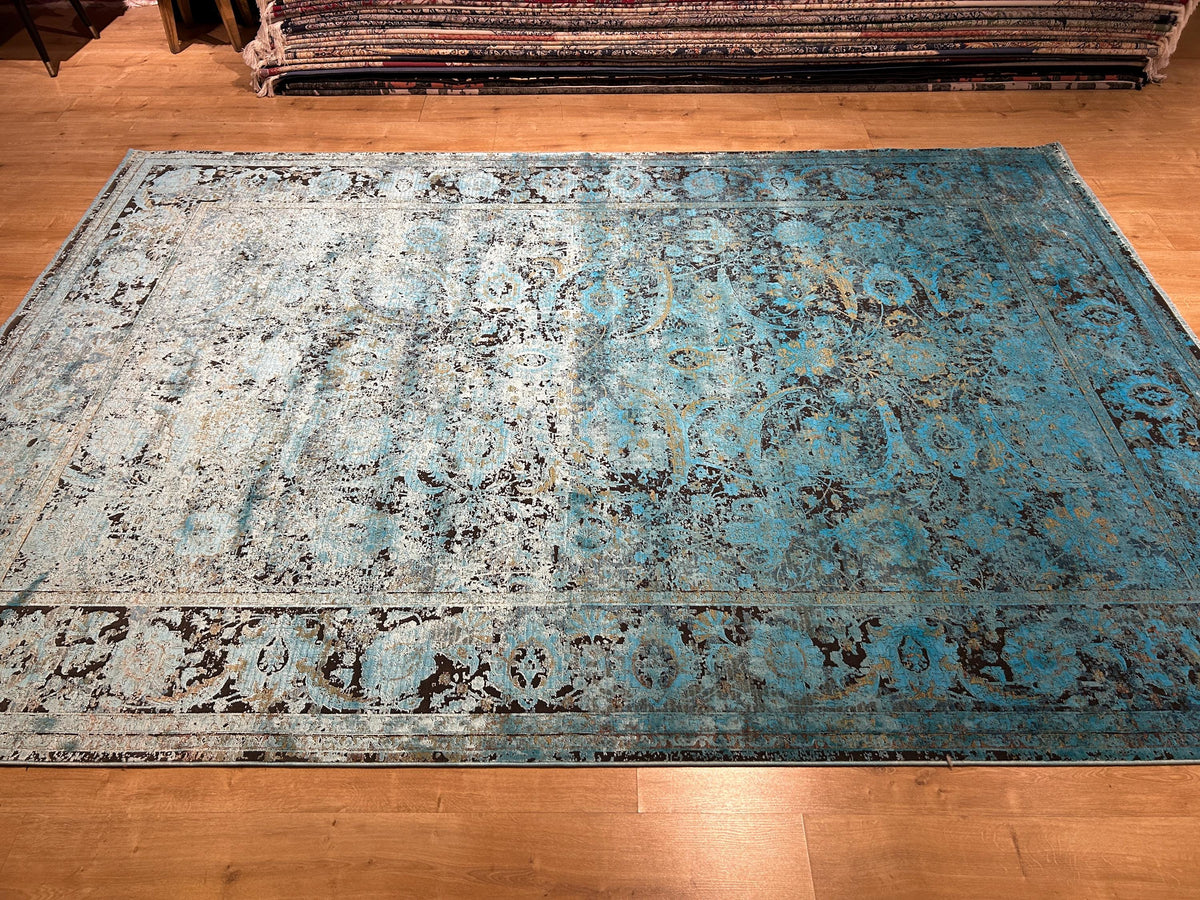 7x10 ft Blue Bamboo Rug, Distressed Pattern Vintage Area Rug, Luxury Home Decor