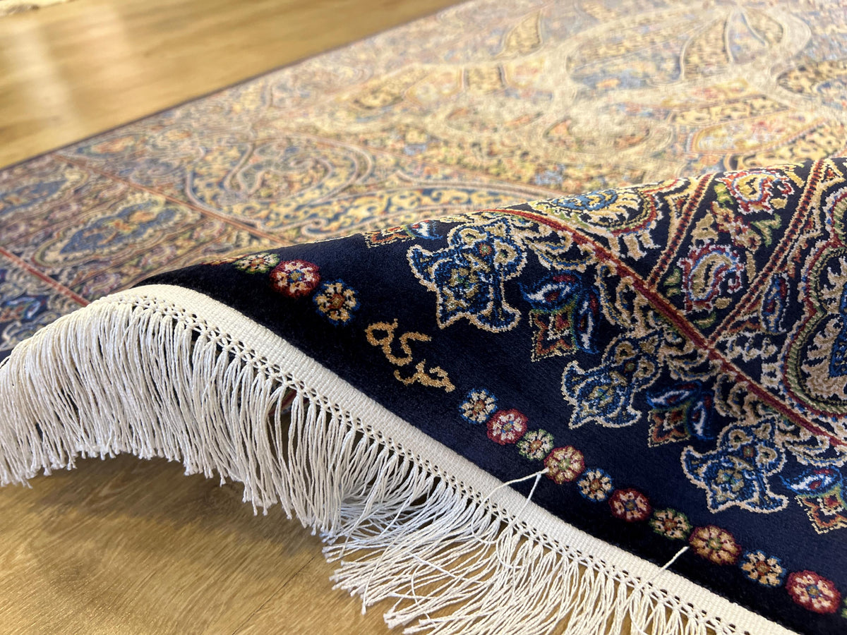 5x8 ft Blue Gold Silk Rug, Classic Turkish Carpet, Luxury Floral Design, Area Rug