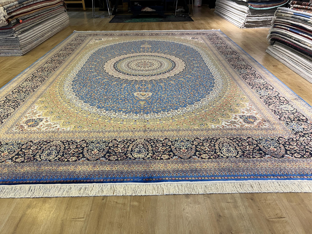 Bamboo Silk Rug 10x13 ft, Large Luxury Area Rug with Blue Medallion Design