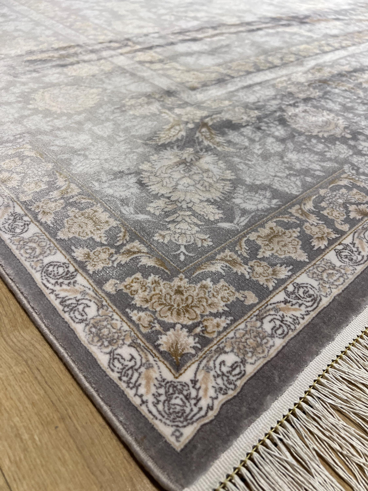 10x13 ft Gray Classic Silk Rug with Beige Floral Motifs, Big Silk Carpet