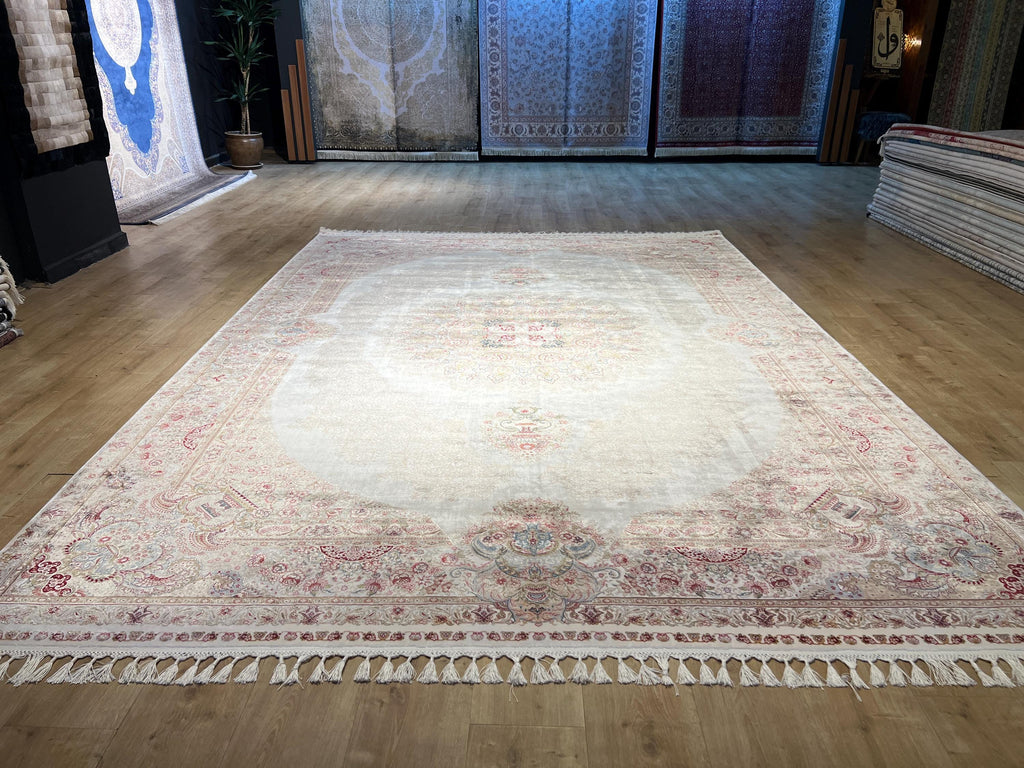 Cream Medallion Silk Rug, Turkish Style Home DEcor, 8x11 ft