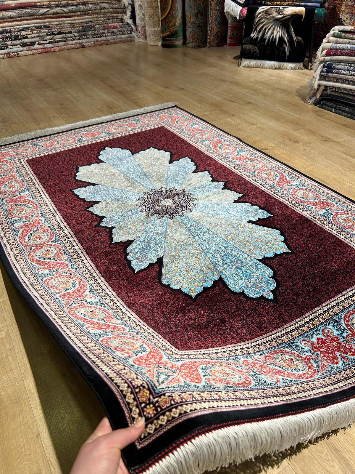 4x6 ft Red Silk Rug, Blue Medallion Design, Classic Turkish Style Carpet, Luxury Rug