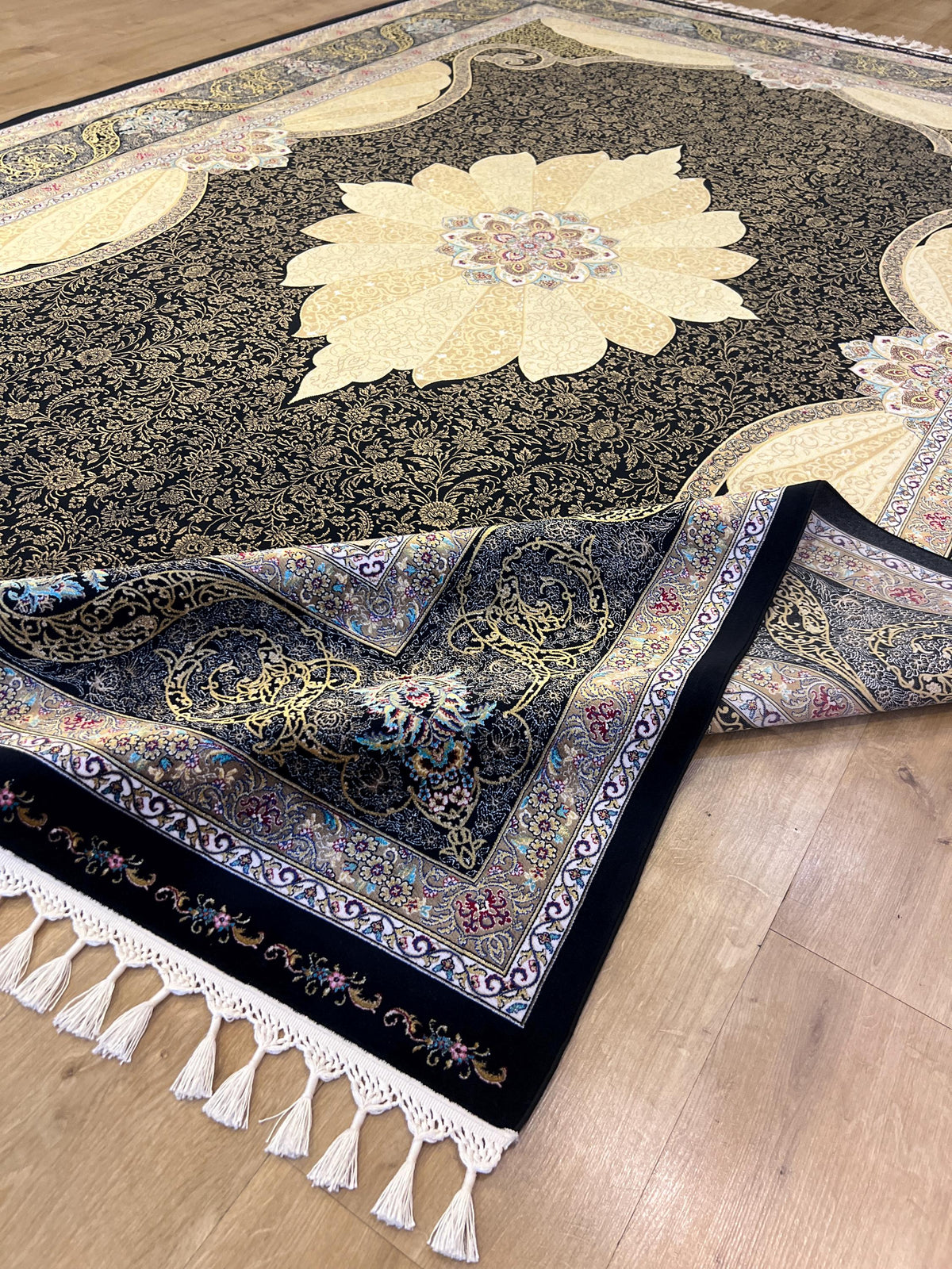 Black Gold Modal Silk Rug, Classic Turkish Style, Medallion Pattern