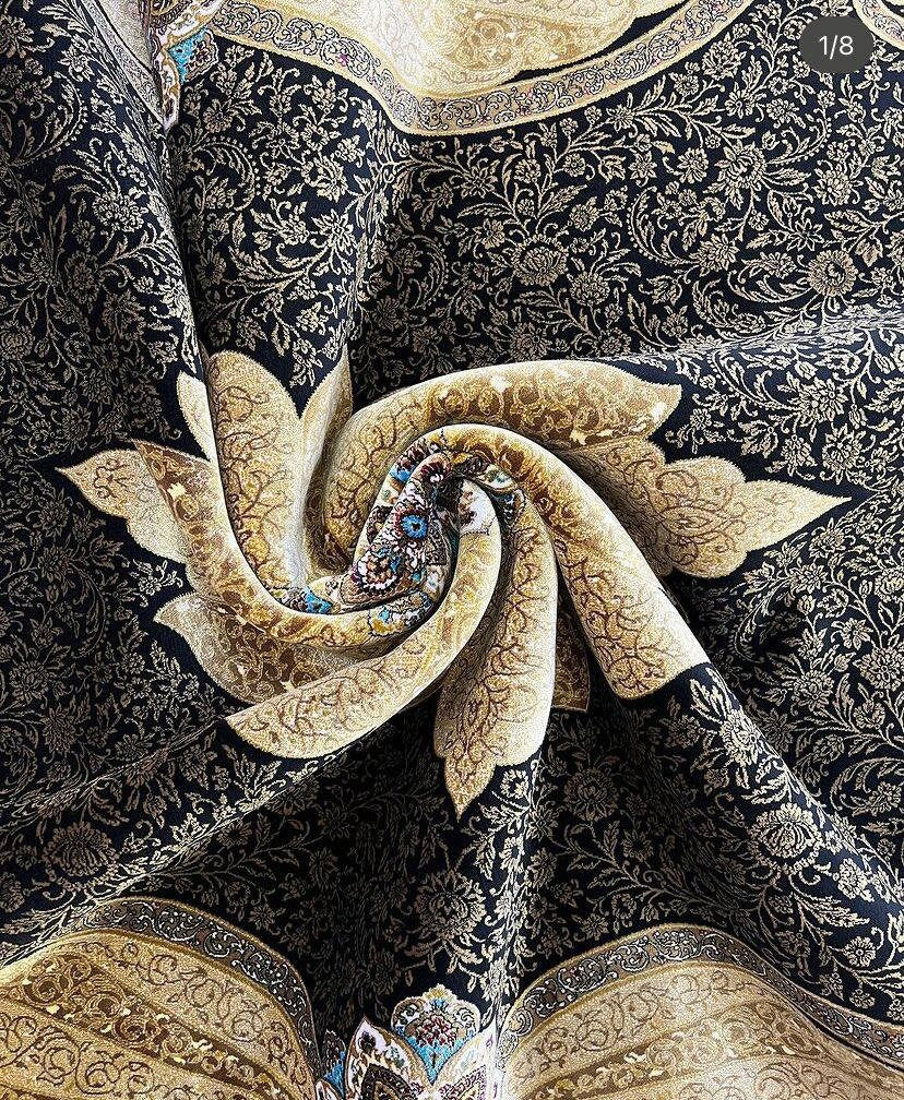 Black Gold Modal Silk Rug, Classic Turkish Style, Medallion Pattern