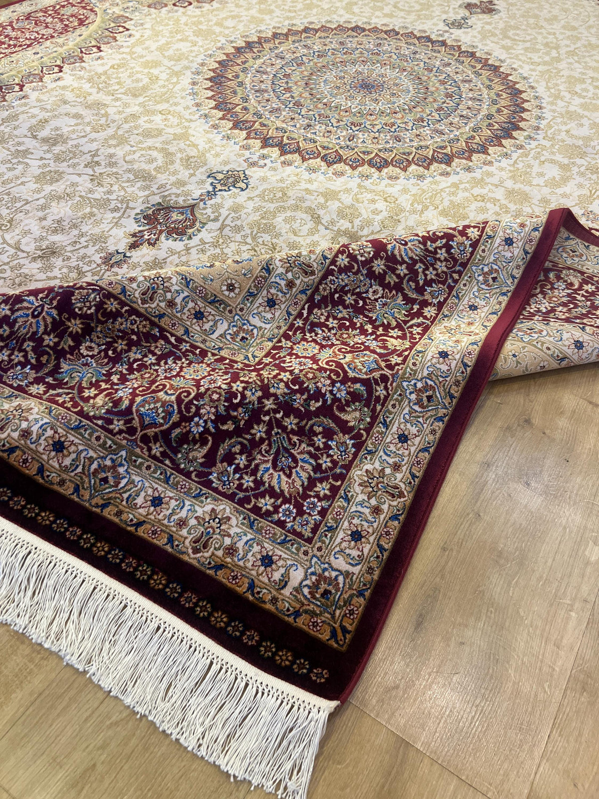 7x10 Bamboo Silk Rug, Red Gold Medallion Design, Beige Classic Turkish Carpet