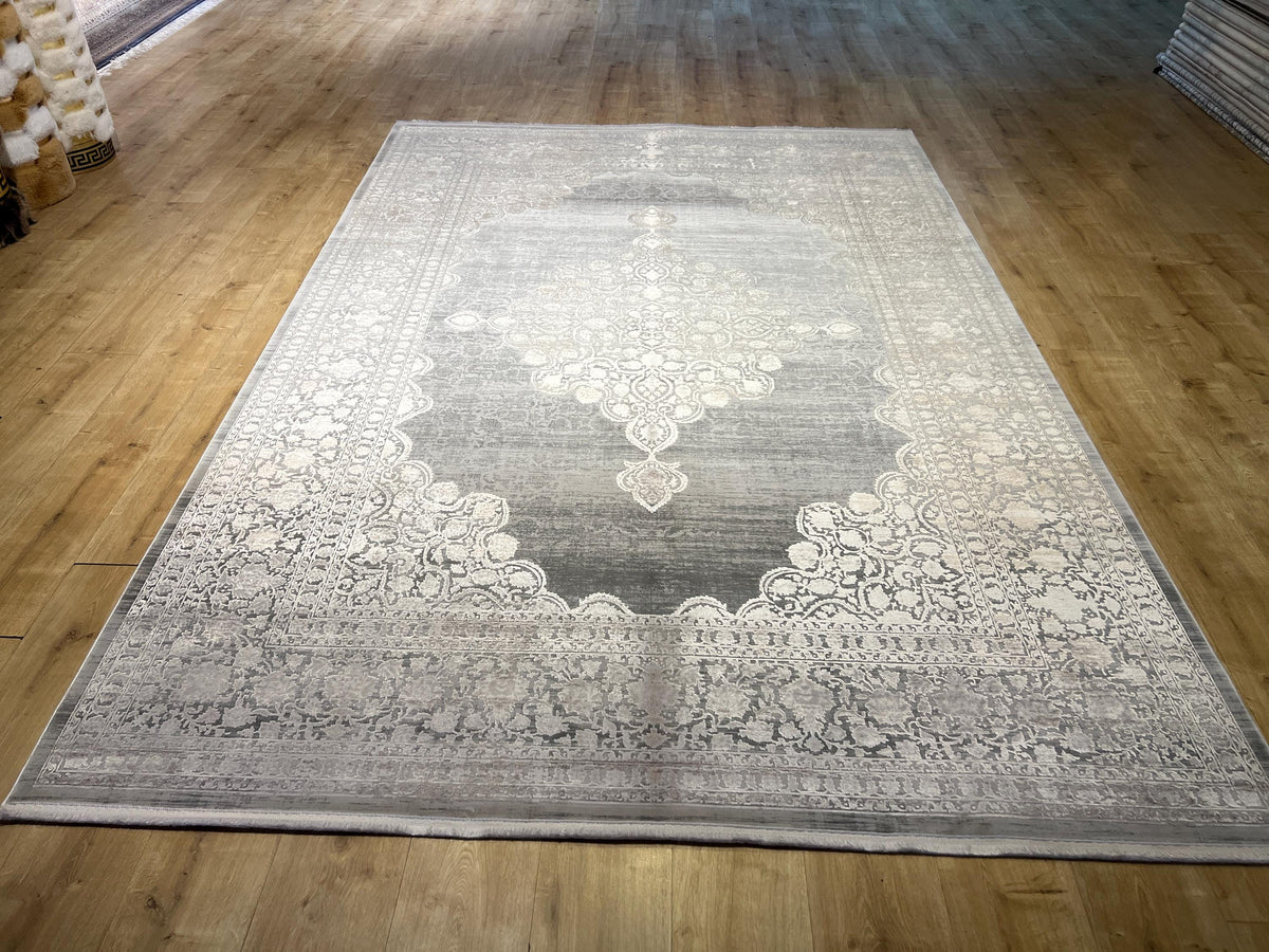 7x10 ft Gray Bamboo Rug with Beige Medallion and Border, Classic Natural Style