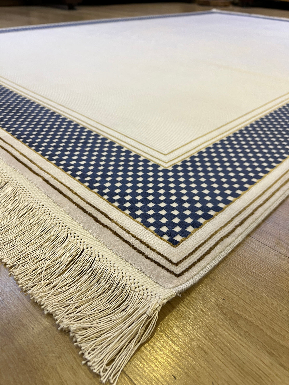 White and Blue Bamboo Rug, Bordered Minimalist Rug, 5x8 ft