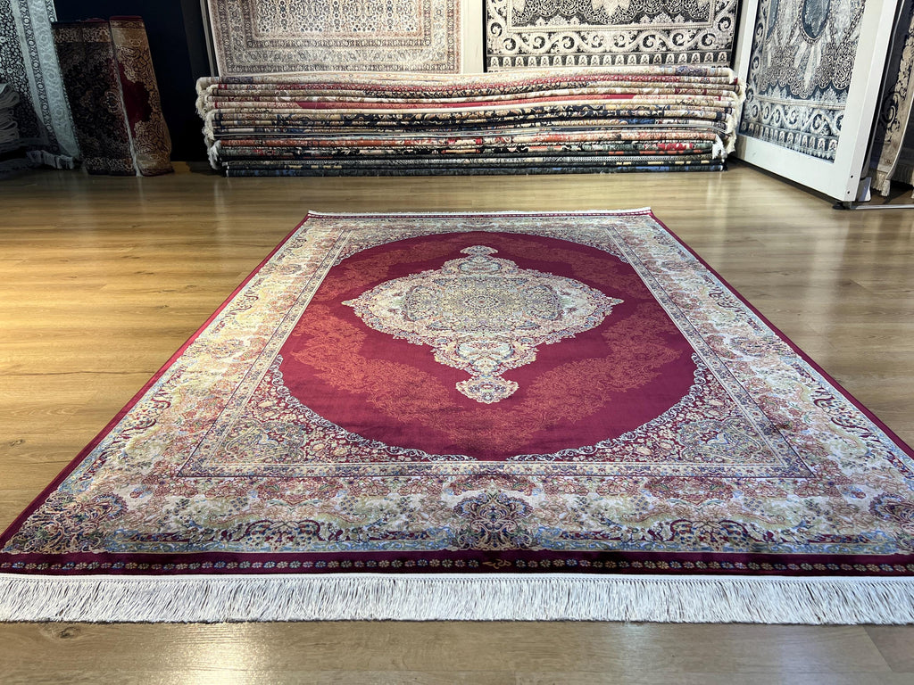 5x8 ft Red Silk Rug, Gold Green Floral Medallion, Elegant Turkish Carpet