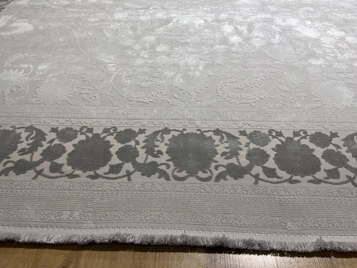 Ivory Floral Pattern Rug, Grey Border Carpet, Turkish Home Decor