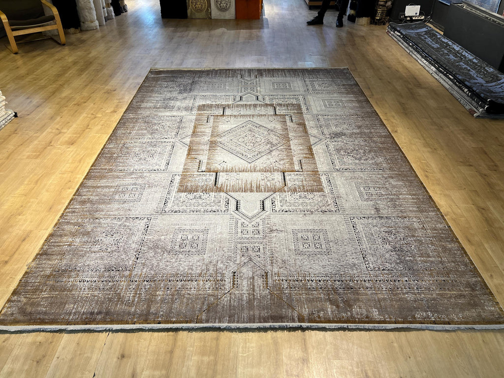 8x11 ft Gray Yellow Geometric Bamboo Rug with Ethnic Patterns, Modern Natural Carpet