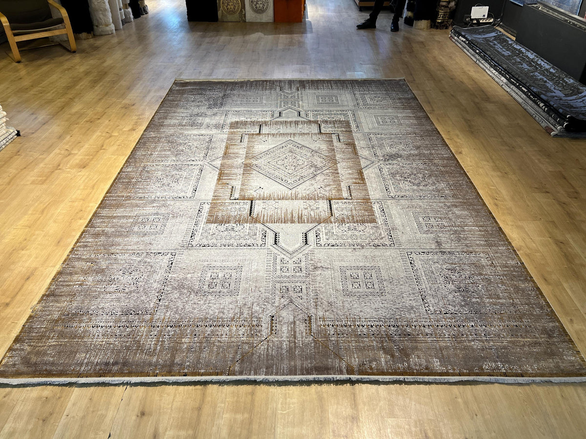 8x11 ft Gray Yellow Geometric Bamboo Rug with Ethnic Patterns, Modern Natural Carpet