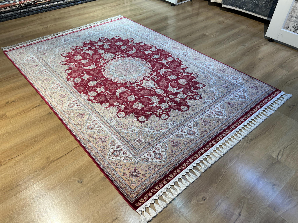 5x8 ft Classic Silk Carpet, Red Base Gold Medallion, Turkish Style