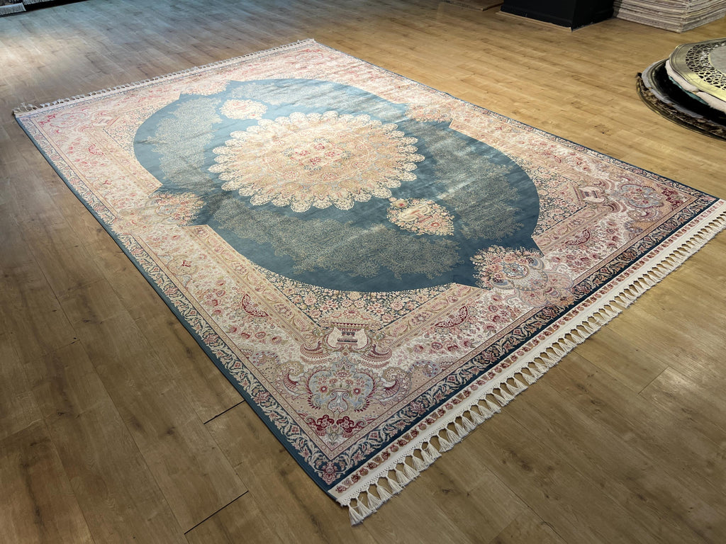 Blue Beige Silk Palace Rug, 8x11 ft, Traditional Turkish Carpet