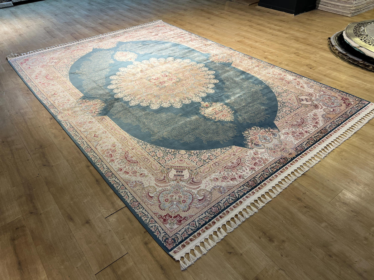 Blue Beige Silk Palace Rug, 8x11 ft, Traditional Turkish Carpet