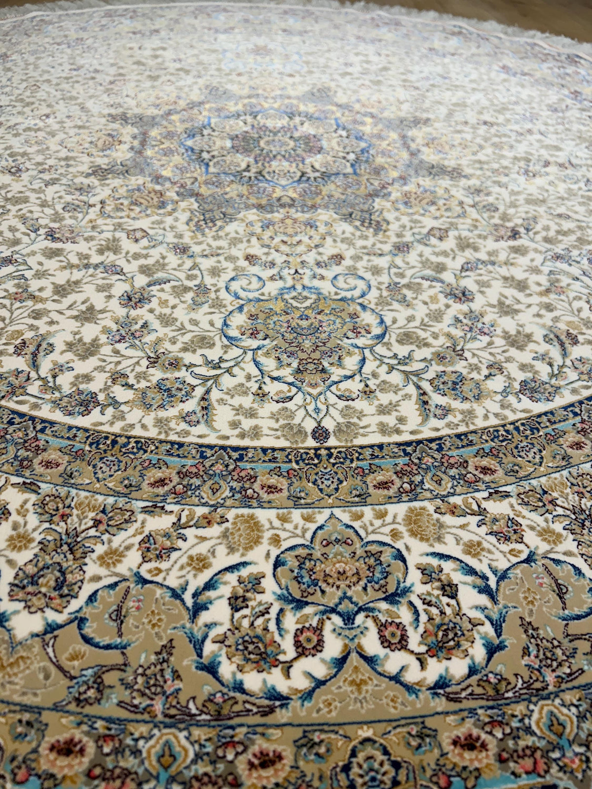 5x5 ft Ivory Blue Beige Round Silk Rug, Classic Turkish Medallion Design Carpet