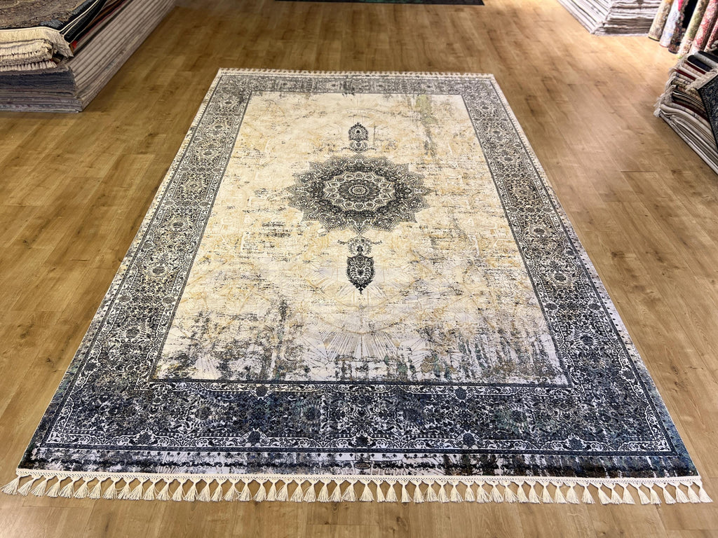 7x10 ft Cream Silk Rug, Gray Border Antique Medallion Classic Design