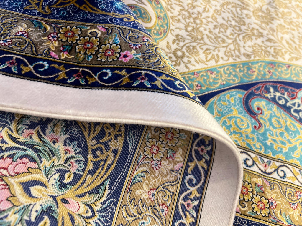 Ivory Silk Rug, Gold Blue Medallion, Classic Traditional Style Carpet