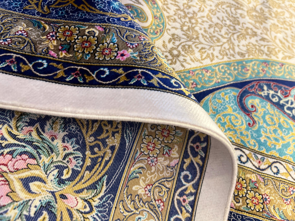 Ivory Silk Rug, Gold Blue Medallion, Classic Traditional Style Carpet