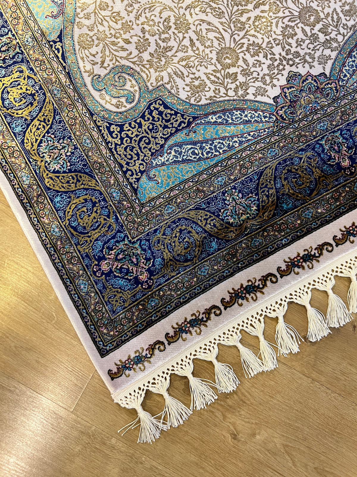 Turquoise Gold Medallion Silk Runner Rug, 3x10 ft, Classic Luxury Hallway Rug