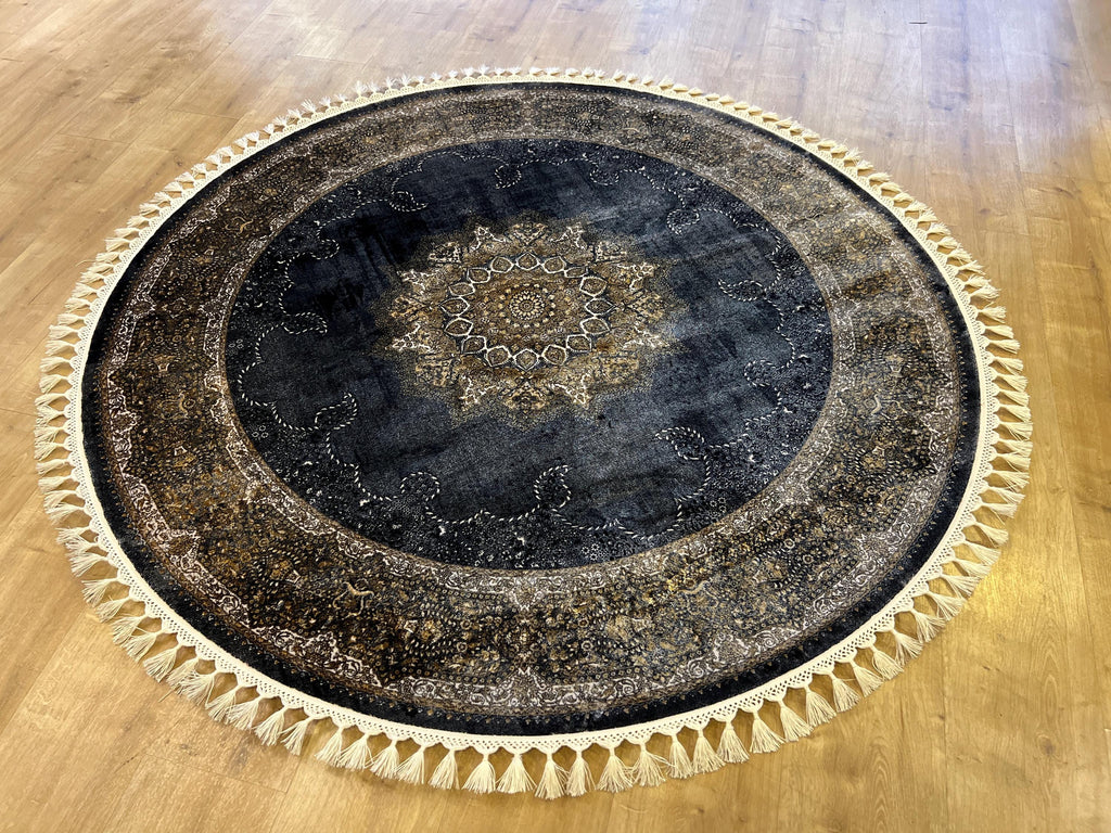 Black Gold Modal Silk Round Rug, Turkish Carpet (5x5 ft)