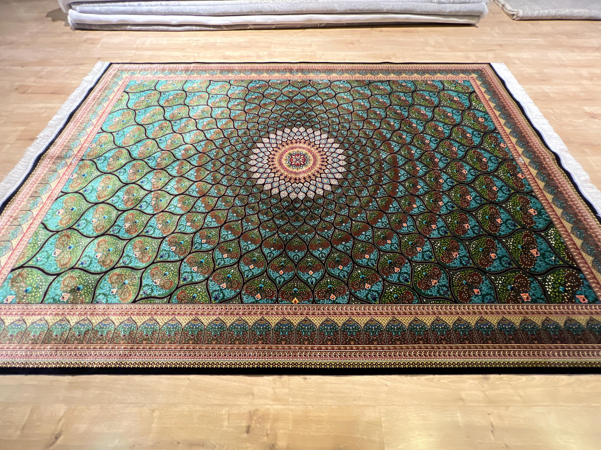 5x8 ft Green Silk Rug, Medallion Peacock Tail Design Rug, Luxury Carpet