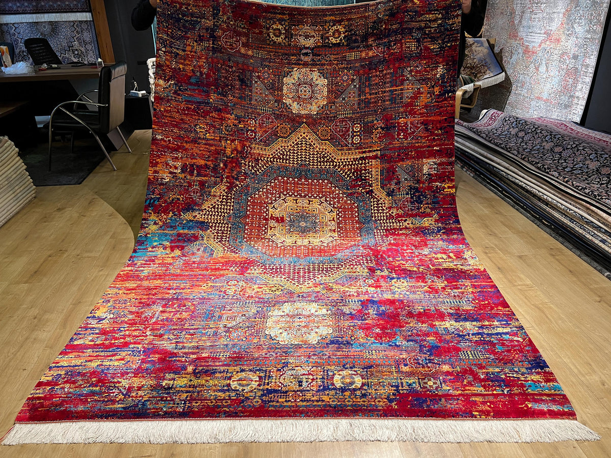 7x10 Ft Red Blue Colourful Silk Rug, Luxury Medallion Design, Traditional Pattern